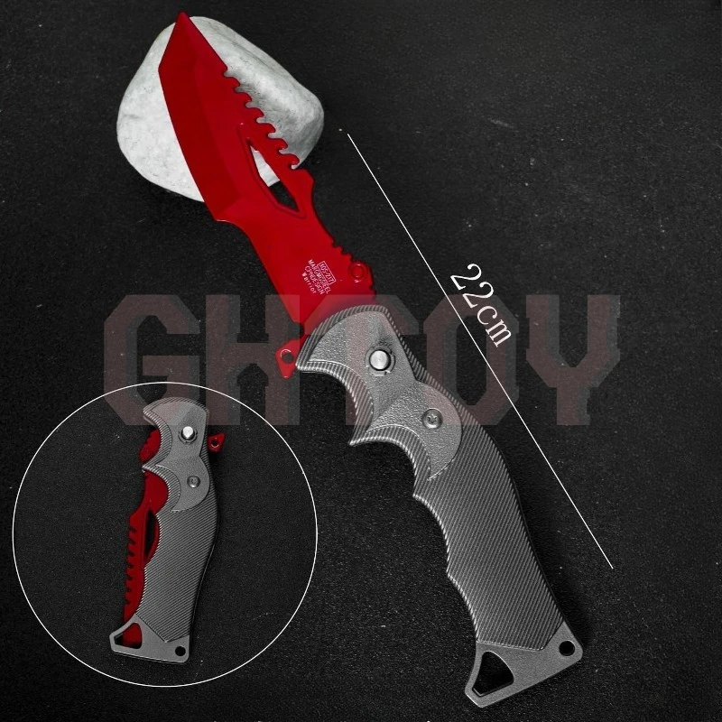 22cm/8.66in Arena Breakout Game Red Mandarin Folding Knife Metal Weapons Model Alloy Pendant Uncut Ornaments Collection Desktop