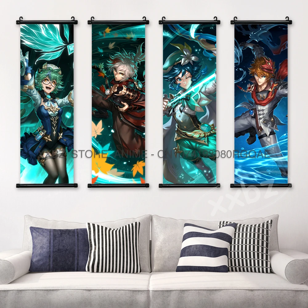 Genshin Impact Scroll Pictures Game Poster Hu Tao Home Decor Prints Wall Art Arataki Itto Hanging Painting Canvas Living Room