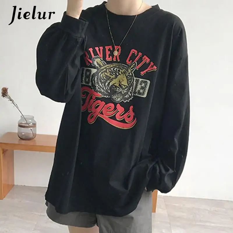 Jielur Harajuku Long Sleeve Funny Cartoon Women\'s T-Shirts Autumn Women Casual M-XXL Size T Shirt White Long Streetwear T-Shirt