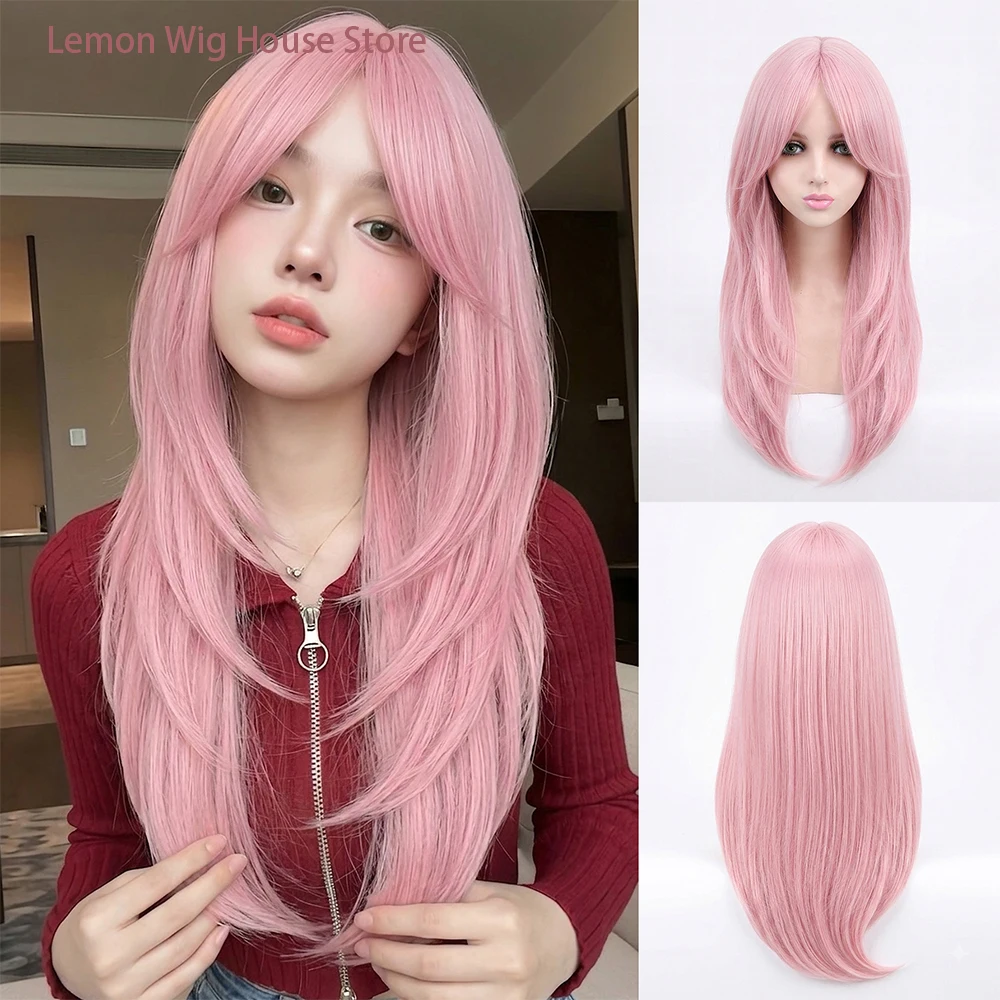 Picture 3: Pink Wig Lolita Long Straight Hair Natural Layered Wigs for Women Daily Cosplay Wig Halloween Heat Resistant Synthetic Hair 가발