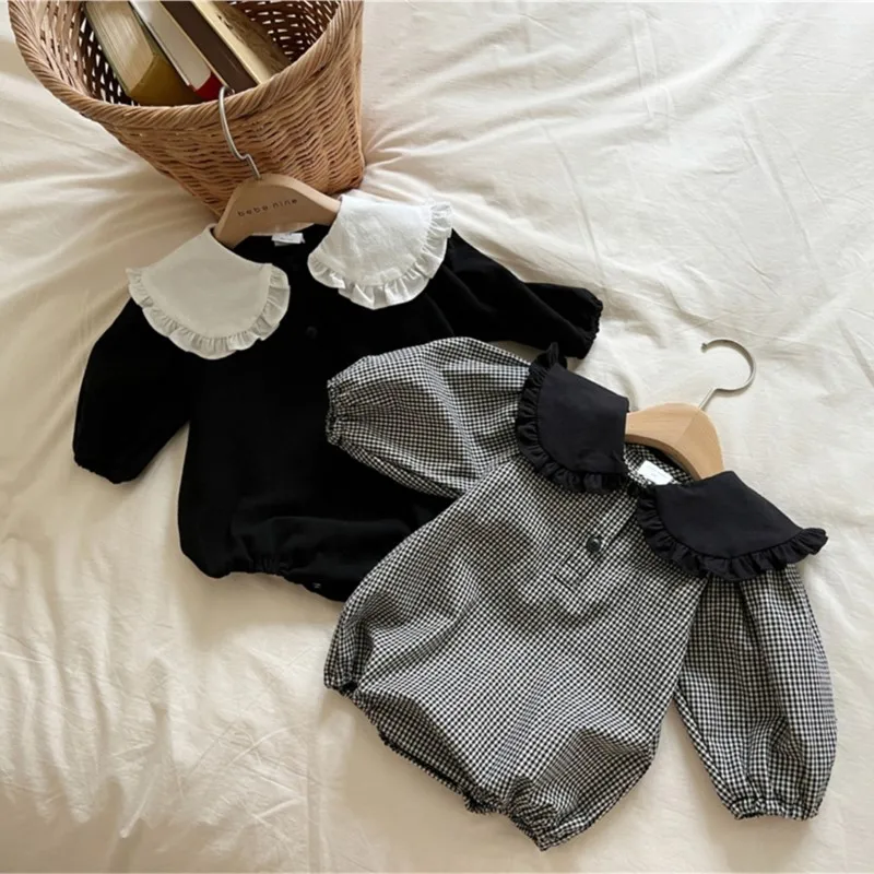 Newborn Baby Girl Boy Cotton Ruffle Lapel Romper Infant Toddler Cute Long Sleeve Jumpsuit Autumn Spring Baby Clothes 3M-18M