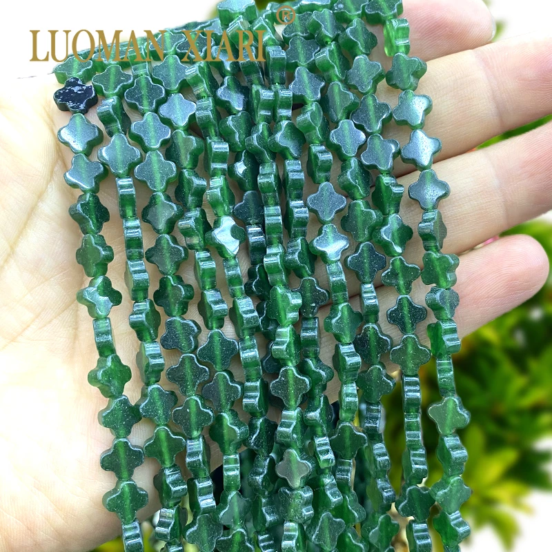 7-8MM Clover Emerald Green Color Chalcedony Natural Stone Loose Flower Spacer Beads for Jewelry Making DIY Bracelet Accessories