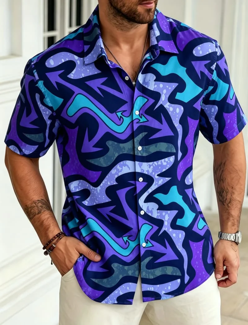 

Men's colorful abstract graffiti printed short sleeved shirt, breathable button top, for summer holidays, home and travel scenes