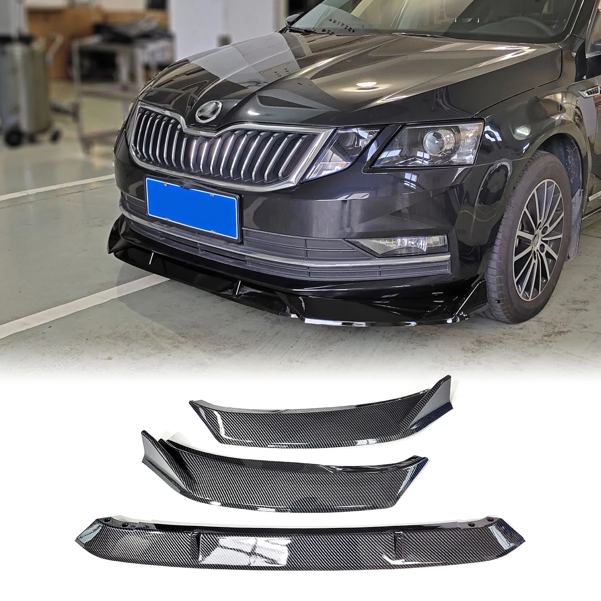 3pcs Black Carbon Fiber Look Front Bumper Lip Body Kit Spoiler Deflector For Skoda Octavia 2018-2020 Car Styling