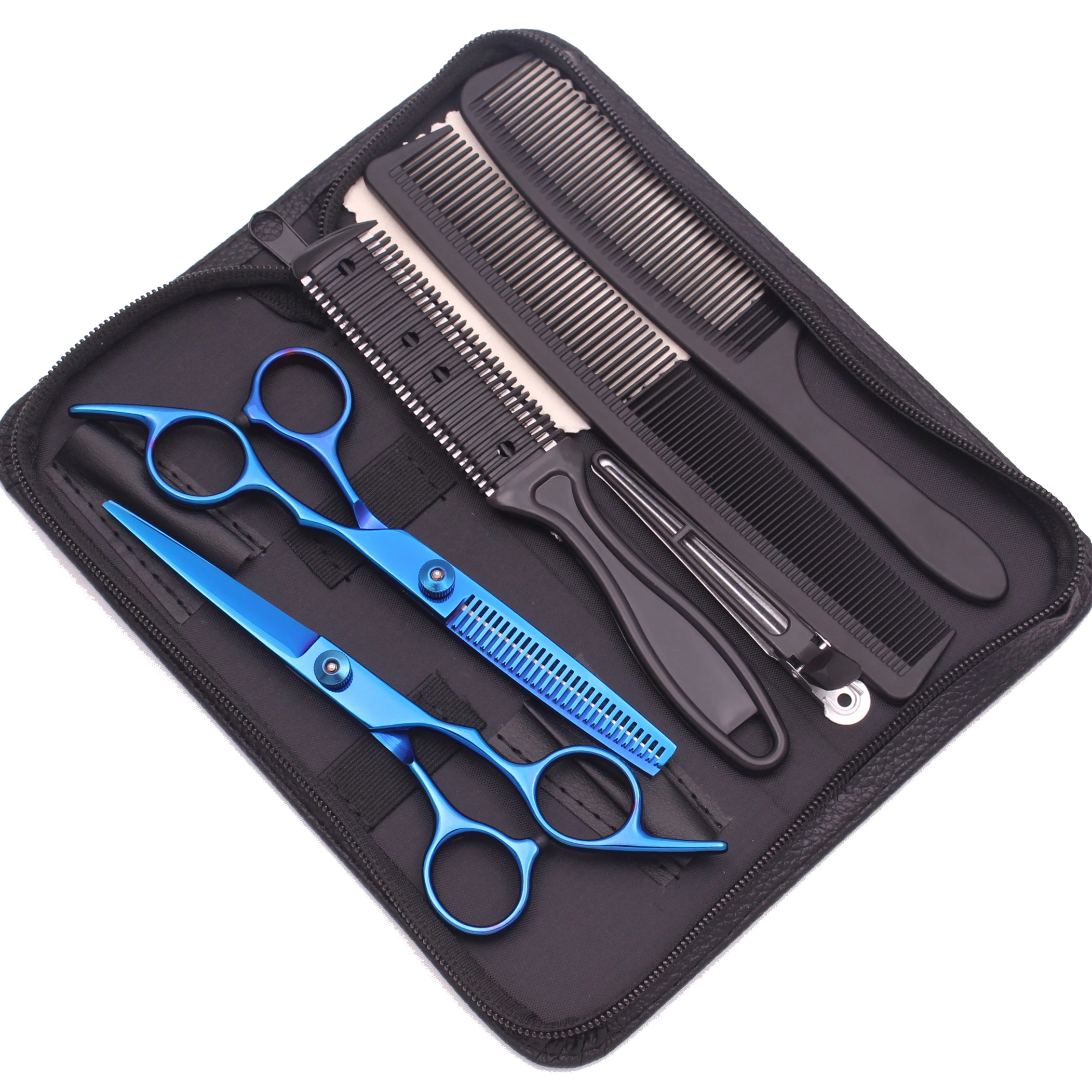 Haarschere JP Edelstahl Friseurschere 6" Haarschnitt Set Schwarz Effilierschere Salon Haarschnitt Schere Rasiermesser Kämme C1001