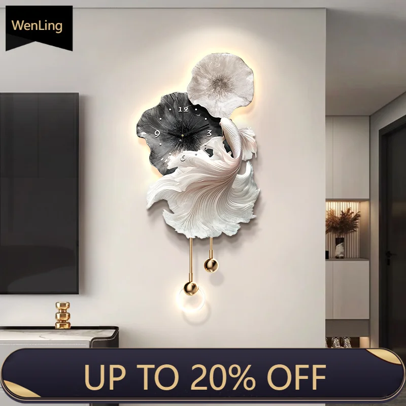 Luxury-luxurious Living Room LED Wall Lamp, Three-dimensional Clock Pendant, Entrance Wall High-end Feeling Koi Fish Mural Lamp