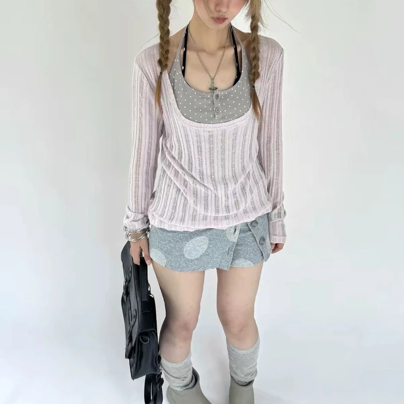 Y2k Harajuku Style Fake Two Tops Women Long Sleeve T‑Shirt Slim Fit Hollow Out Casual Chic Street Daily Tees 2026 New Arrival