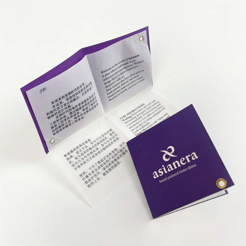 

50 0.Zhang.Custom.Innovative booklet-style hang tags with rivet binding on durable sulfite paper product details