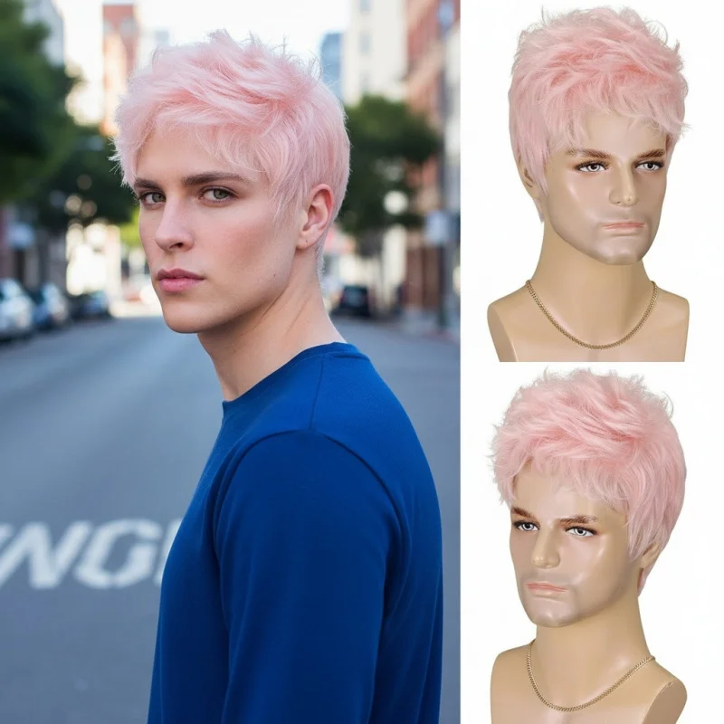 

European and American men's fashion , pink short synthetic wig, unisex high-temperature fiber