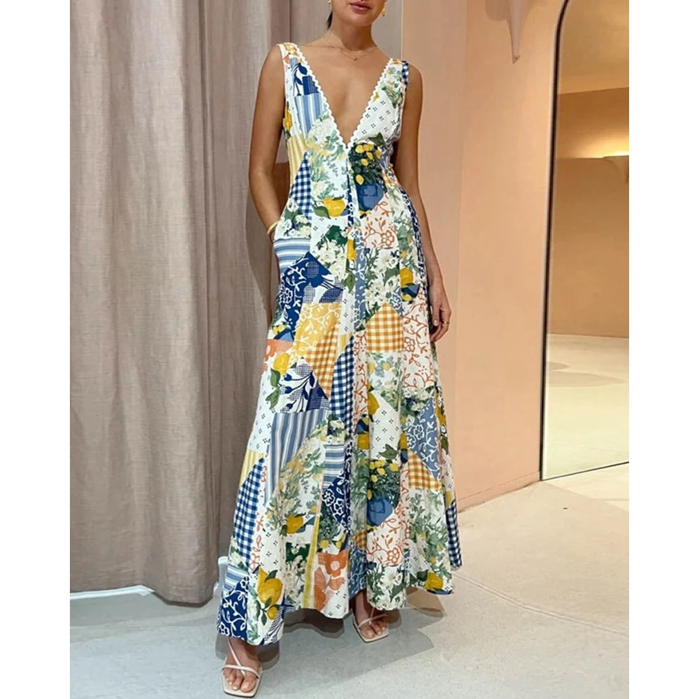 

Summer Women Floral Print Deep V Neck Sleeveless Dress Female Slim Fit A-Line Maxi Long Party Dress Elegant Vacation Clothes