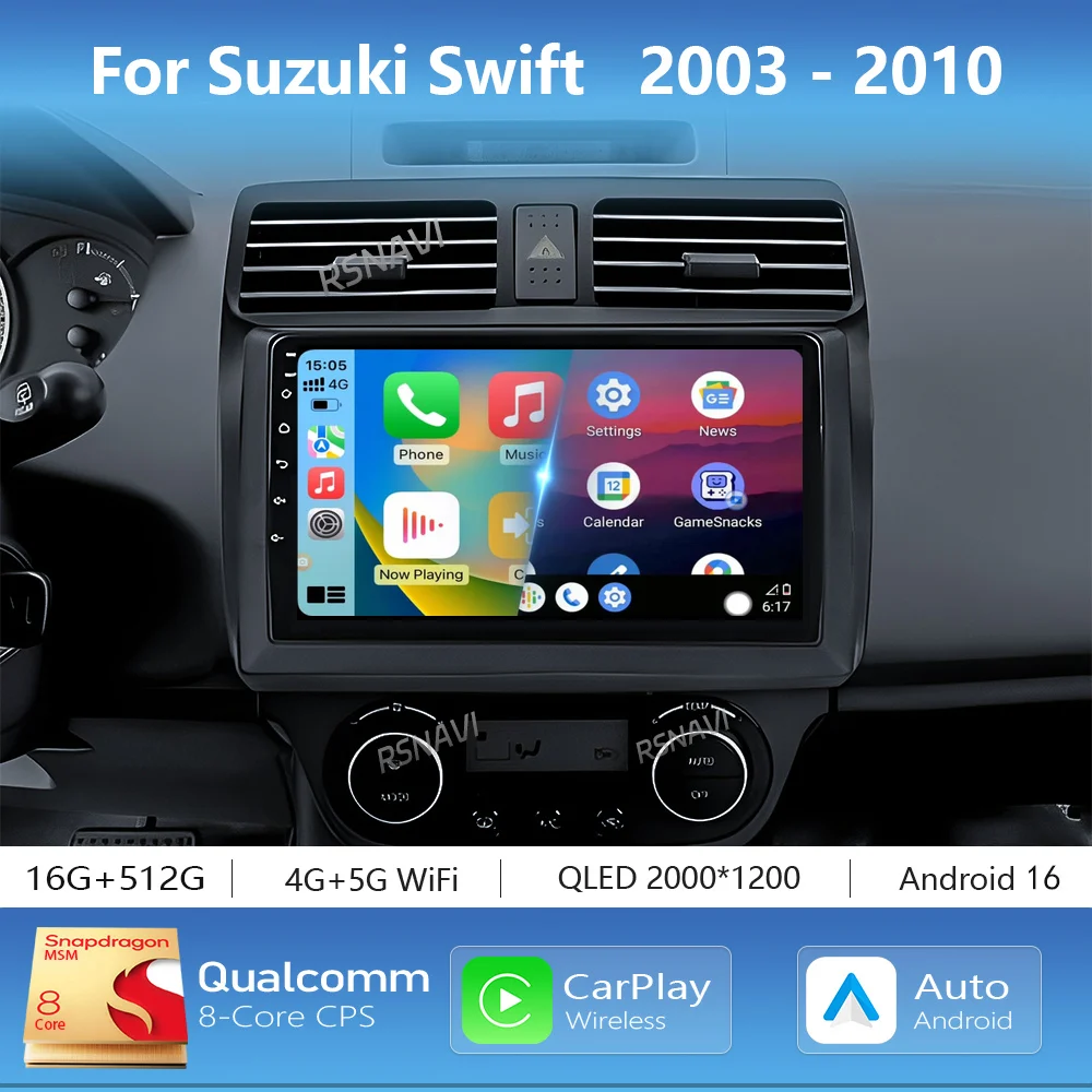 Android 16 Carplay Auto 2K Screen Car Radio Multimedia Player For Suzuki Swift 2003 - 2010 Autoradio GPS Stereo 2Din Head Unit