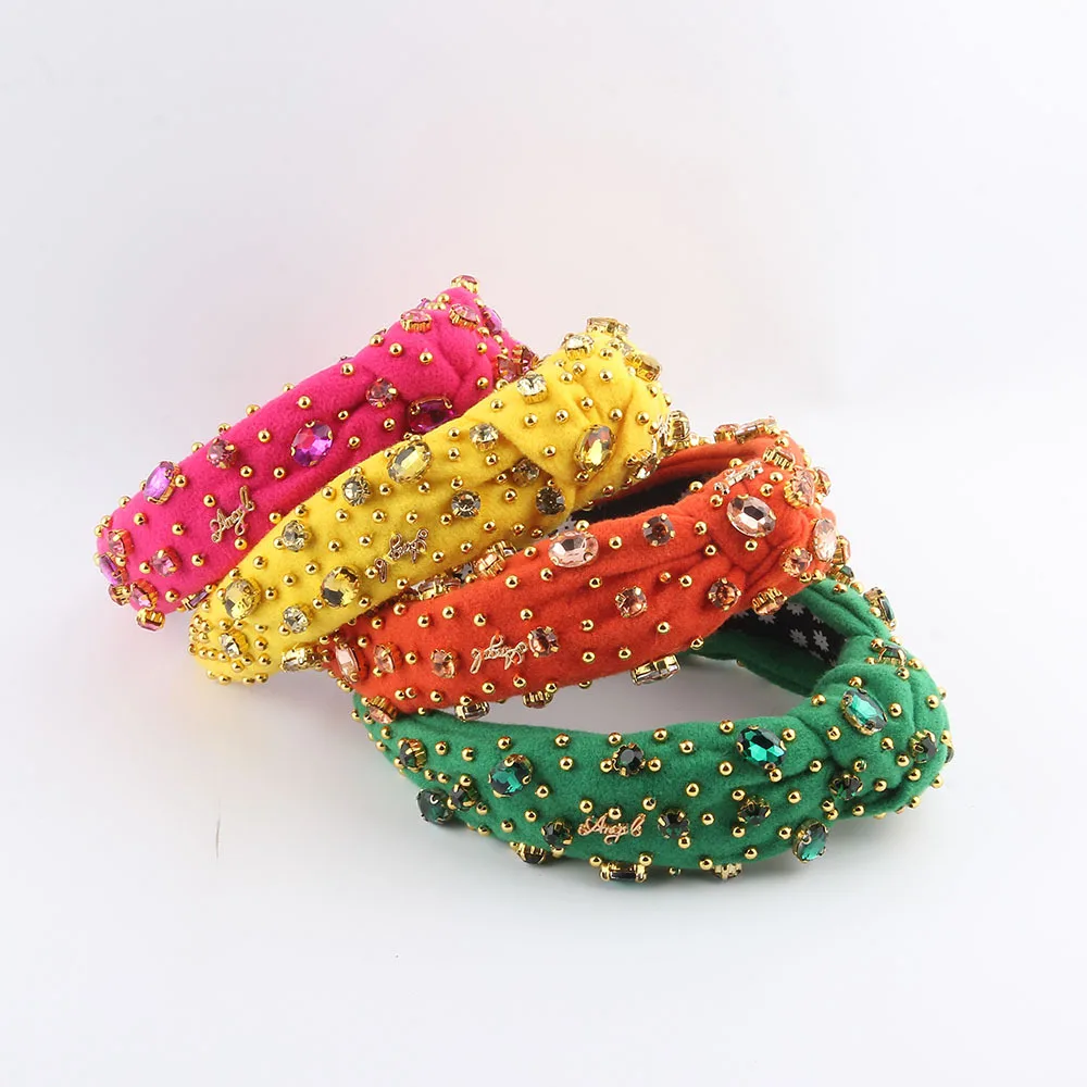 New fashion style knotted fabric beaded diamond headband flannel light luxury versatile beautiful hair accessories women