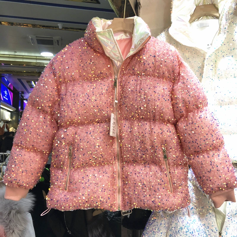 Winter Colorful Sequins Thickening Warm Down Coat Bomber Cotton-padded Beaded Puffer Jacket Zipper Parka Stand Collar Cardigan