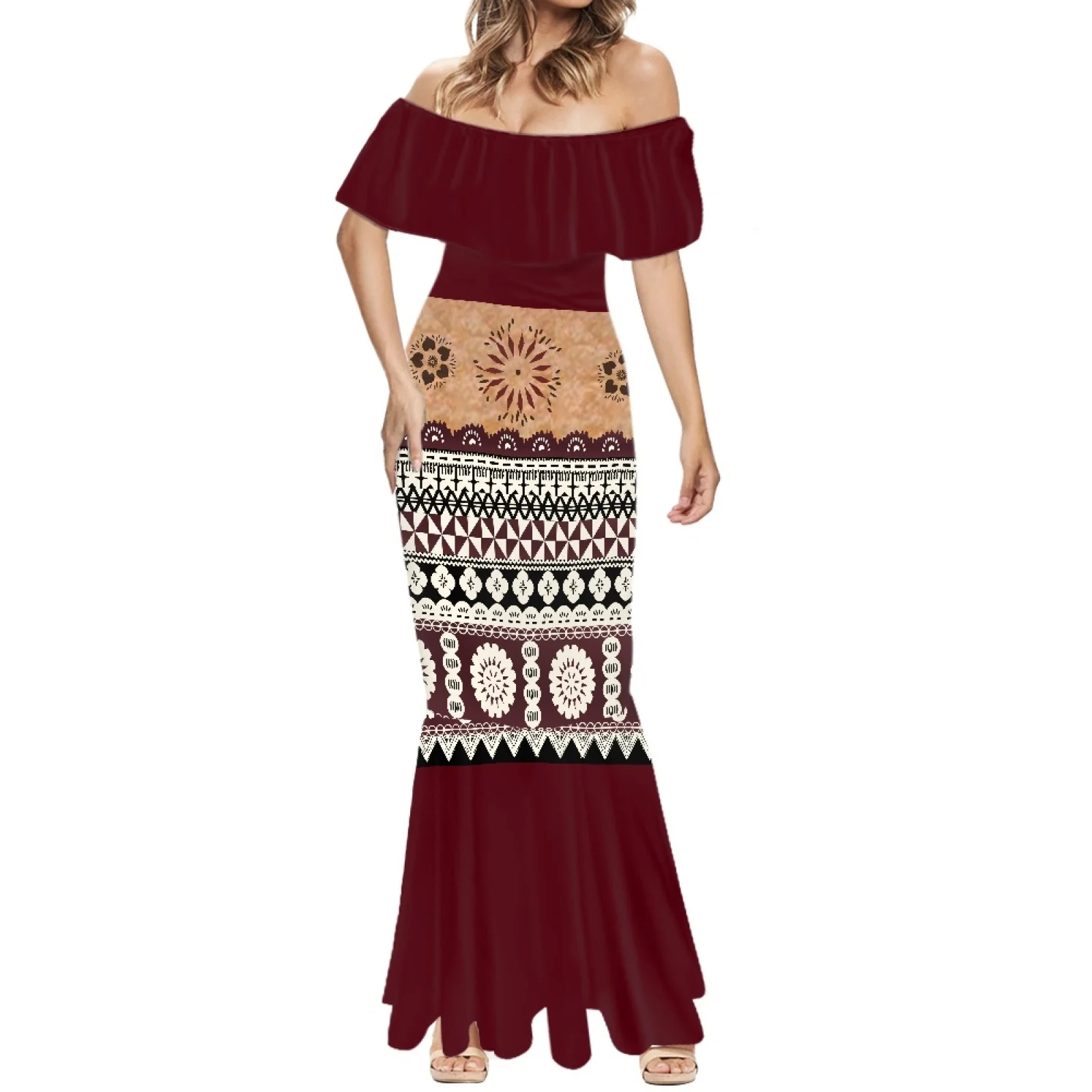 Long Dress Elegant Bodycon Polynesian Tribal Clothing Brown Tongan Samoan Tapa Flower Print Custom Cocktails Dresses 2024 Women