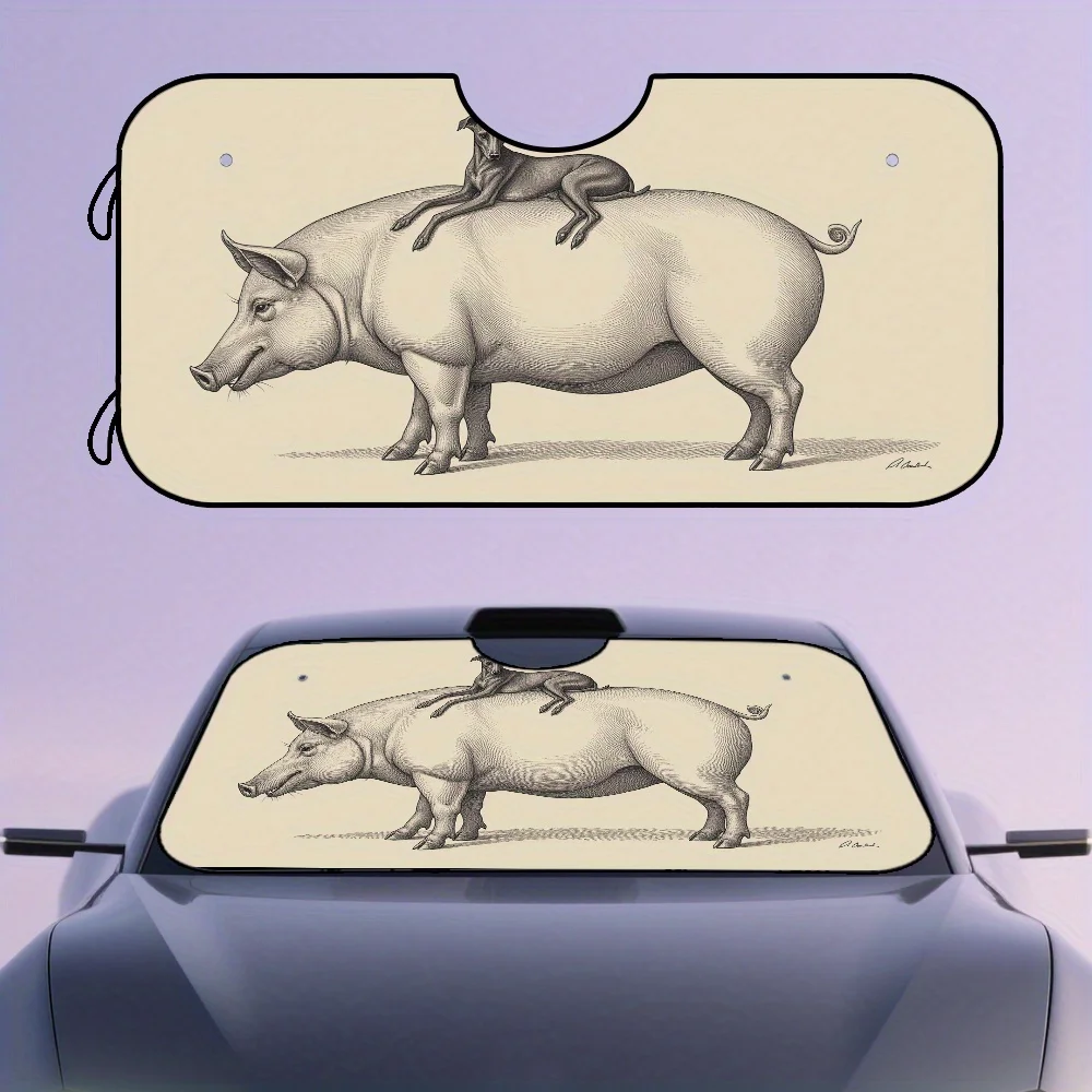 1pc, Vintage Pig Dachshund Engraving Print Universal Car Front Windshield Sun Visor, Polyester Fiber Material, Front Use, Simple