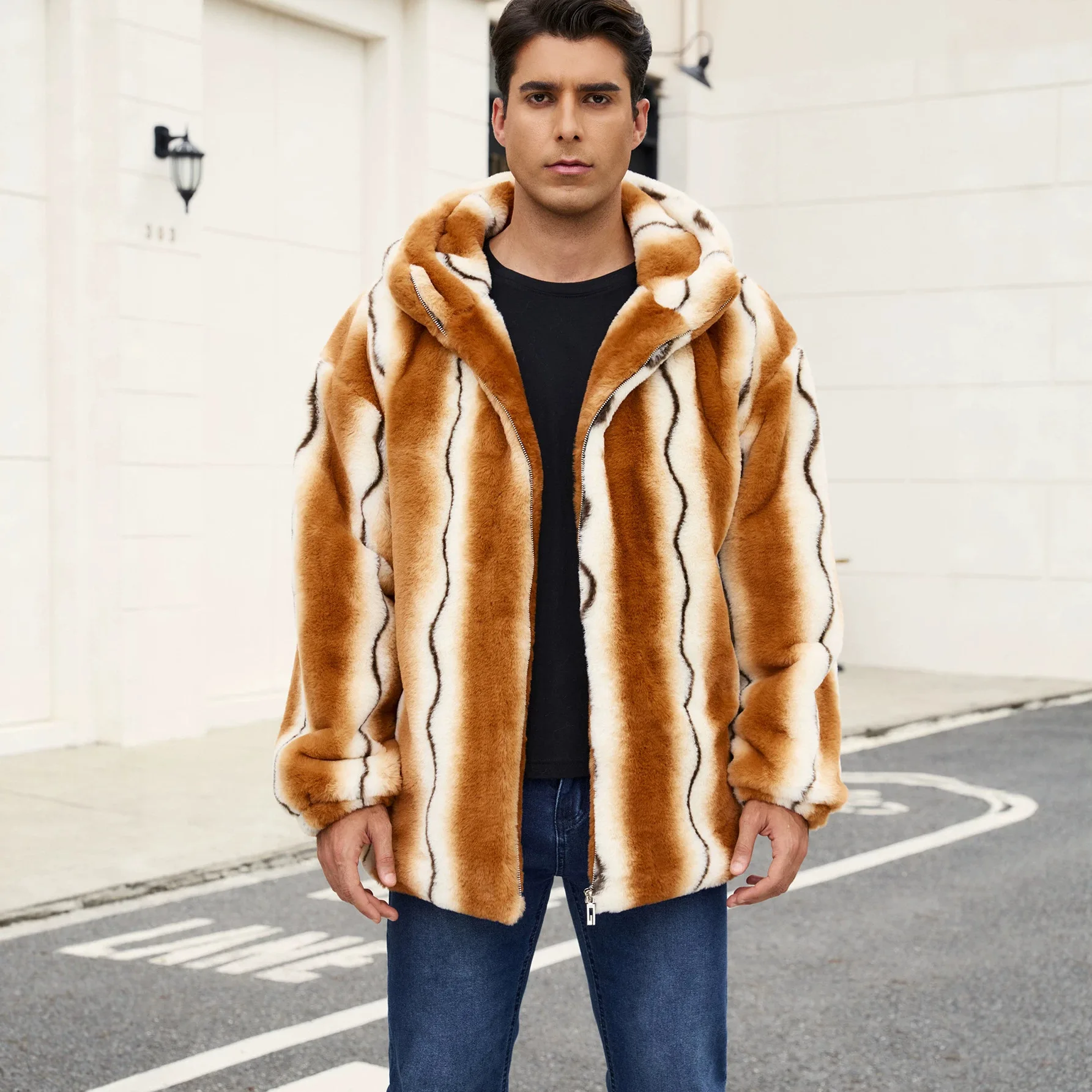 Faux Rabbit Fur Jackets Men Hooded Coat Zipper Thick Warm Mixed Y2k Streetwear Open Front Work Outerwear 2026 Autumn Winter
