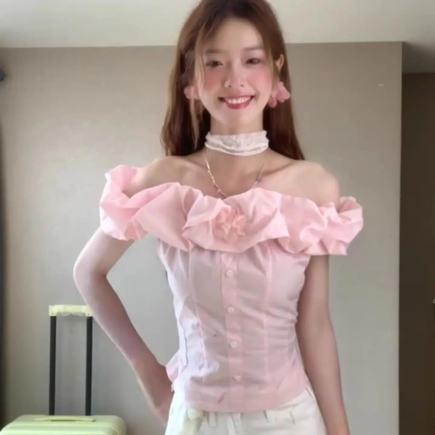 

Kimotimo Sweet Pink Slash Neck Ruched Shirt Women 2025 Summer Single Breasted Slim Fit Y2k Crop Top Versatile Transparent Blouse