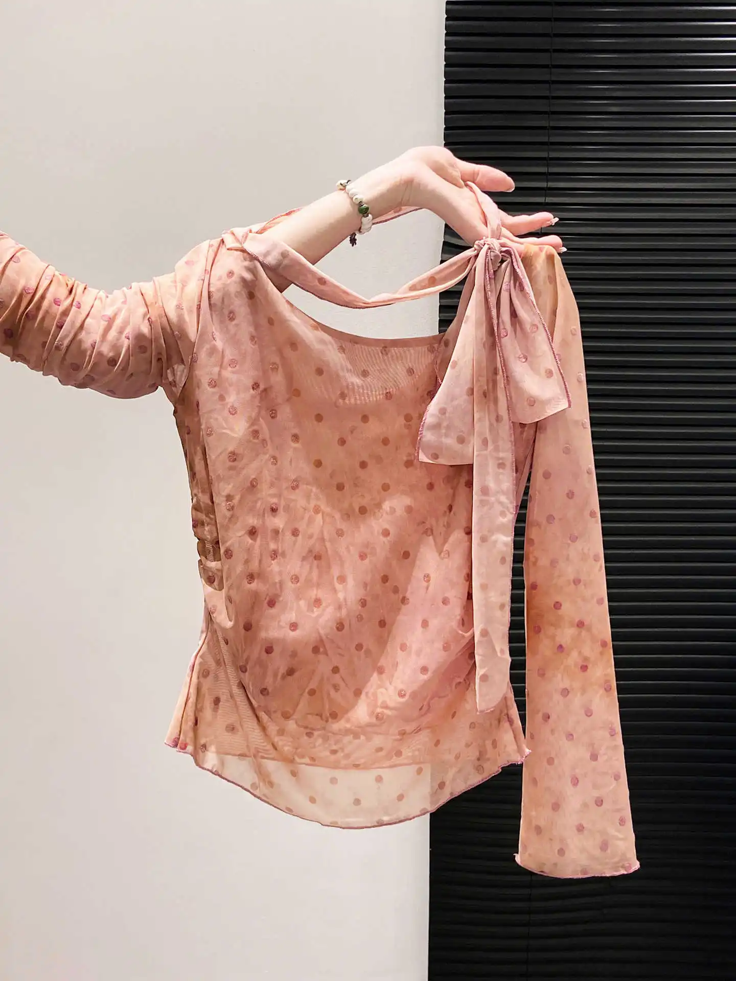 Tie-Dyed Design Sense Mesh Fabric Slanted Neck Tie Long-Sleeved T-Shirt For Women'S Early Autumn New Style