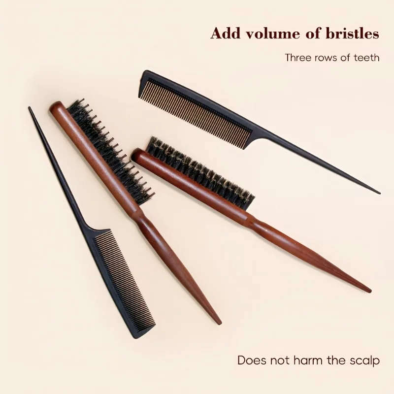 Sharp Tailed Comb Set - Boar Bristle Volumizing Hair Brush & Fine Tooth Comb for Anti-Static Frizz Control & High Crown Styling