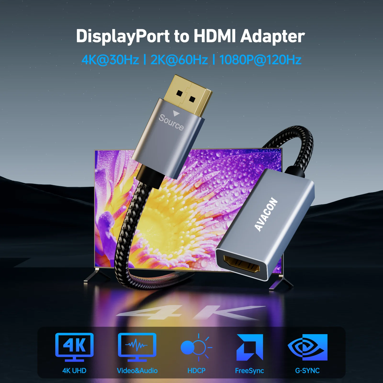 Adapter AVACON DisplayPort na HDMI, adapter wyjściowy DisplayPort na wyjście HDMI, pozłacany, kompatybilny z Lenovo Dell HP i inne