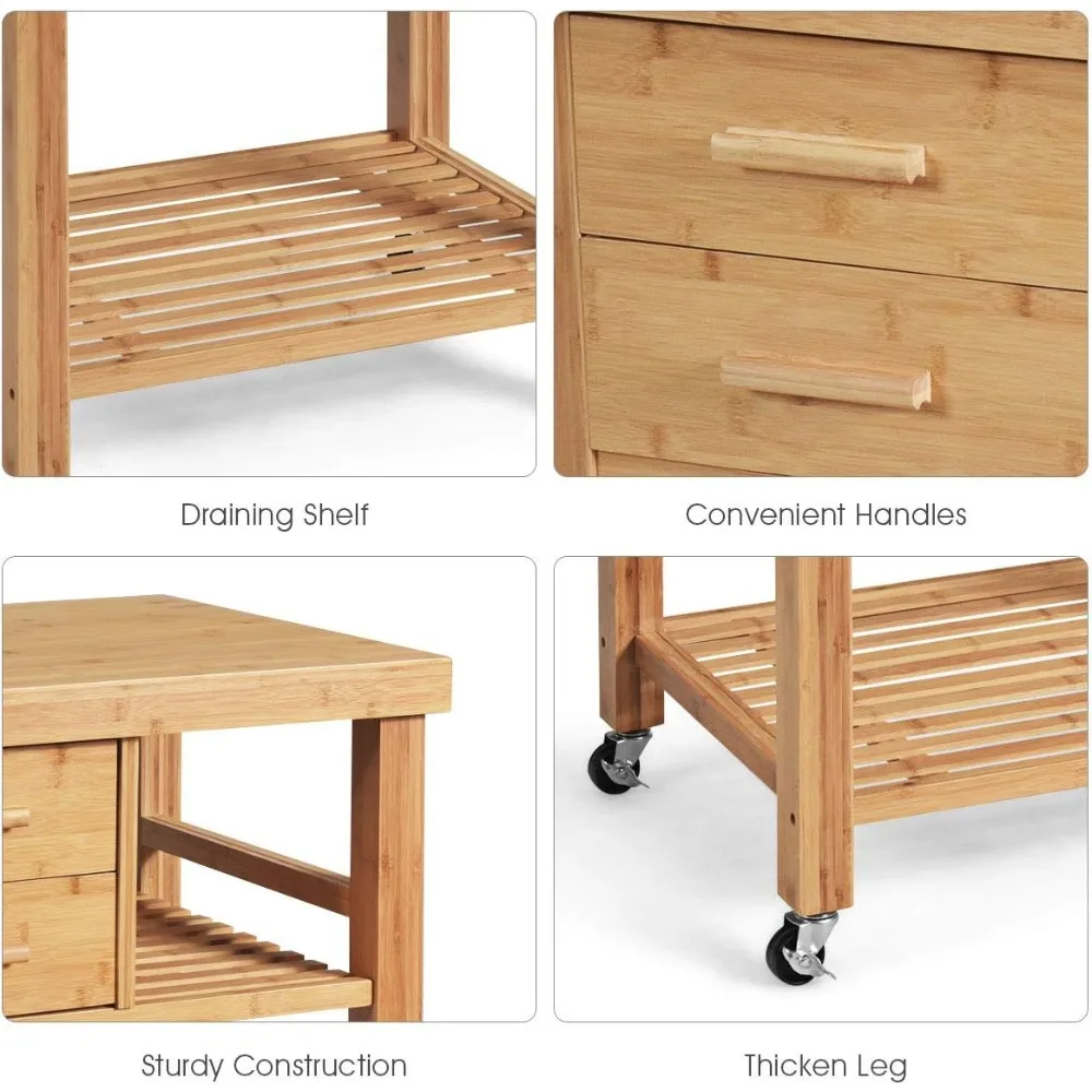 عربة مطبخ دوارة من الخيزران مع درجين، وبار المناشف، وعجلات العجلات