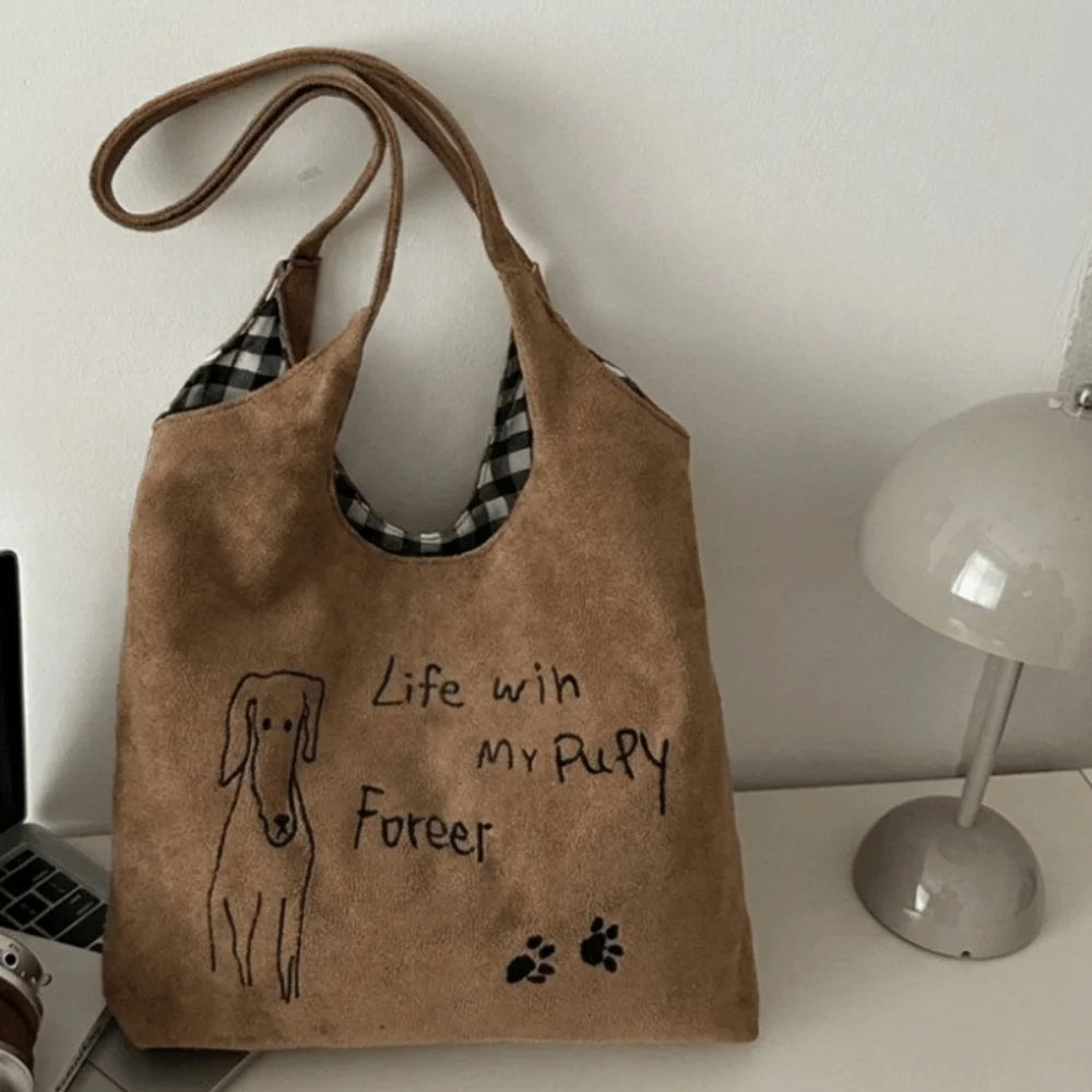Vintage Puppy Paw Print Tote Bag Little Dog Washed Canvas Drawstring Shoulder Bag Reversible Design Large Capacity Shopper Bag