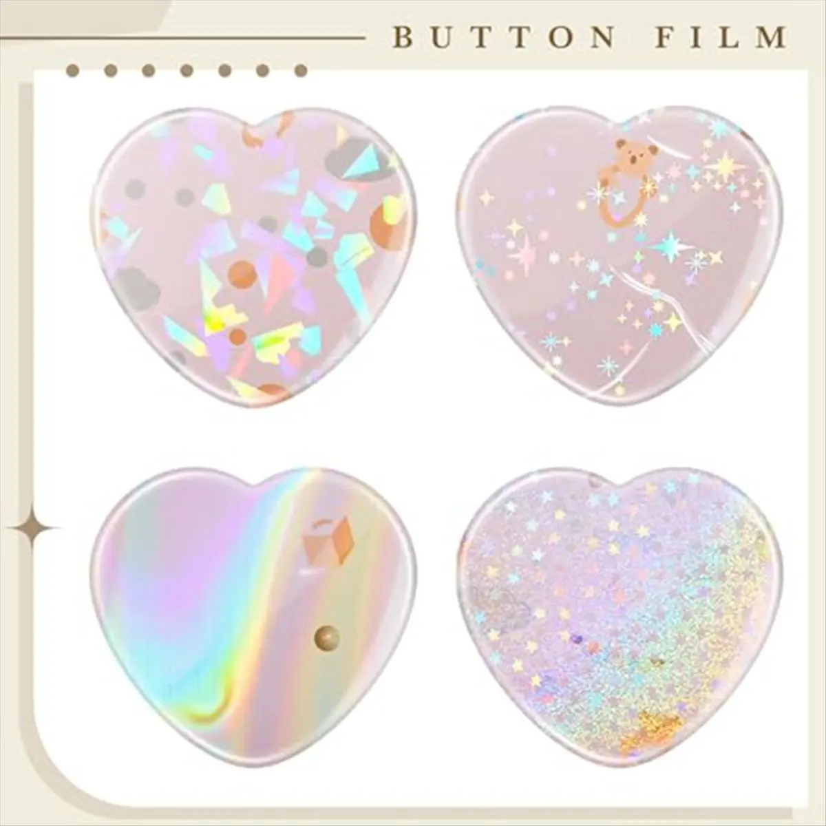ABLG & 200Pcs Heart Button Maker Supplies Glittering Film for Pin Maker Machine Kit 4 Styles Clear Holographic Laminate Sheets