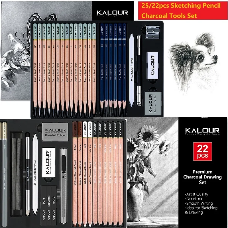 

Набор для рисования KALOUR, 25/22 шт., карандаши для скетчинга/графитовые карандаши, безопасные и нетоксичные, матовые, профессиональные художественные принадлежности