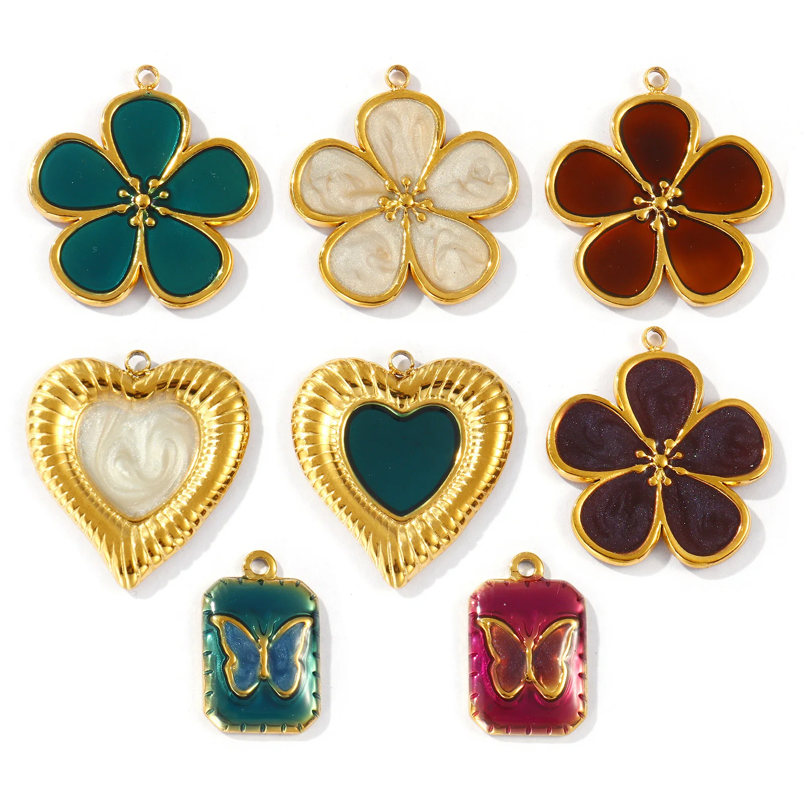 2 PCs Waterproof 304 Stainless Steel Charms 18K Gold Plated Enamel Flower Heart Butterfly Octagon Pendants DIY Necklace Making