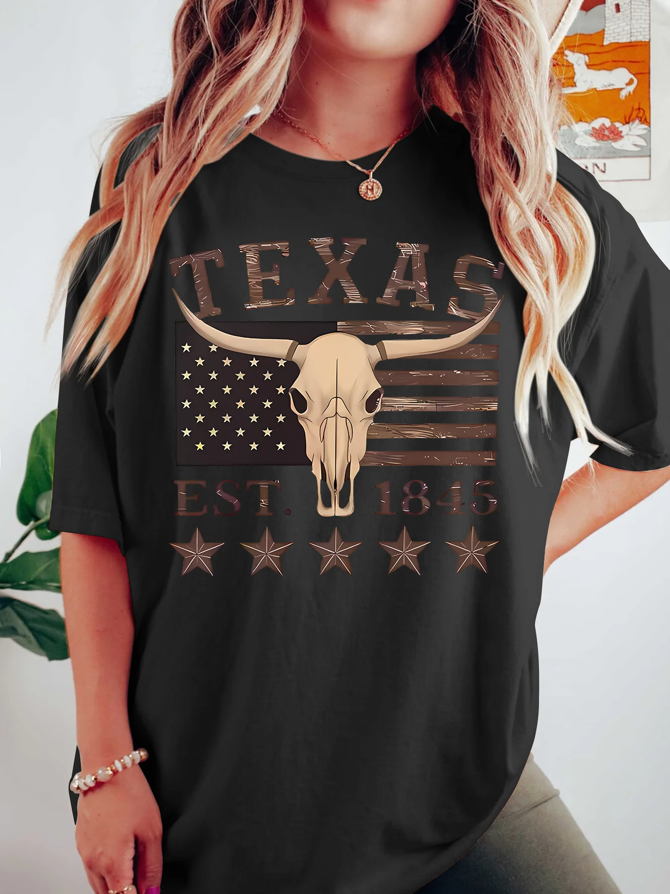 Women Crew Neck Tee Texas Longhorn Skull Graphic Print Short Sleeve Loose Ladies Summer Soft Cotton Plus Size Casual Street Top