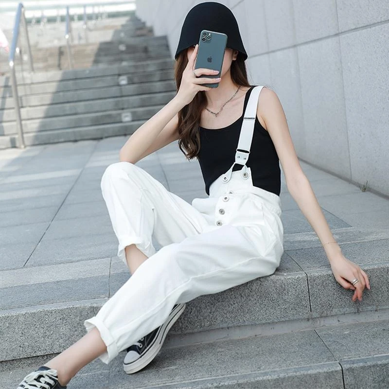 

Женский белый джинсовый комбинезон на одно плечо, свободный, милый, в корейском стиле, на бретелях, весна-осень 2026, повседневный, модный ромпер