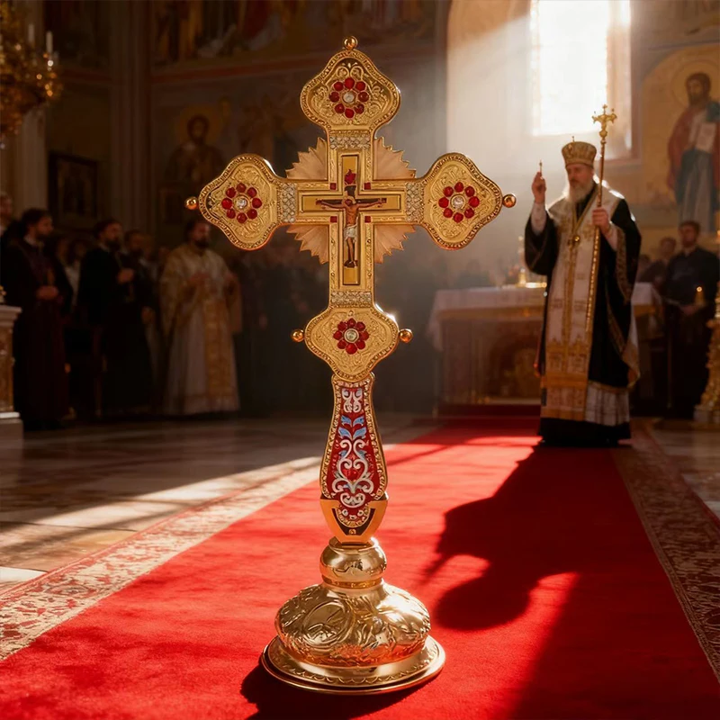 Vergoldetes Orthodoxes Standkreuz mit Emaille- und Kristalleinlage und Kruzifix-Ikone, Hochwertiges Kirchenaltar-Kreuz für Liturgie und spirituelle Zwecke – Detail 4