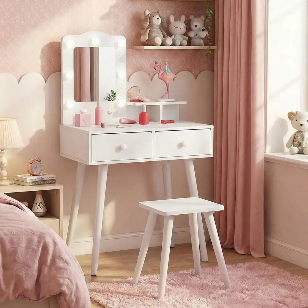 Arlopu Kids Vanity Set and Mirror, Wooden Pretend Play Vanity Table and Chair Set or Girls with Stool, Der, PrincMakeup Dr-Up To
