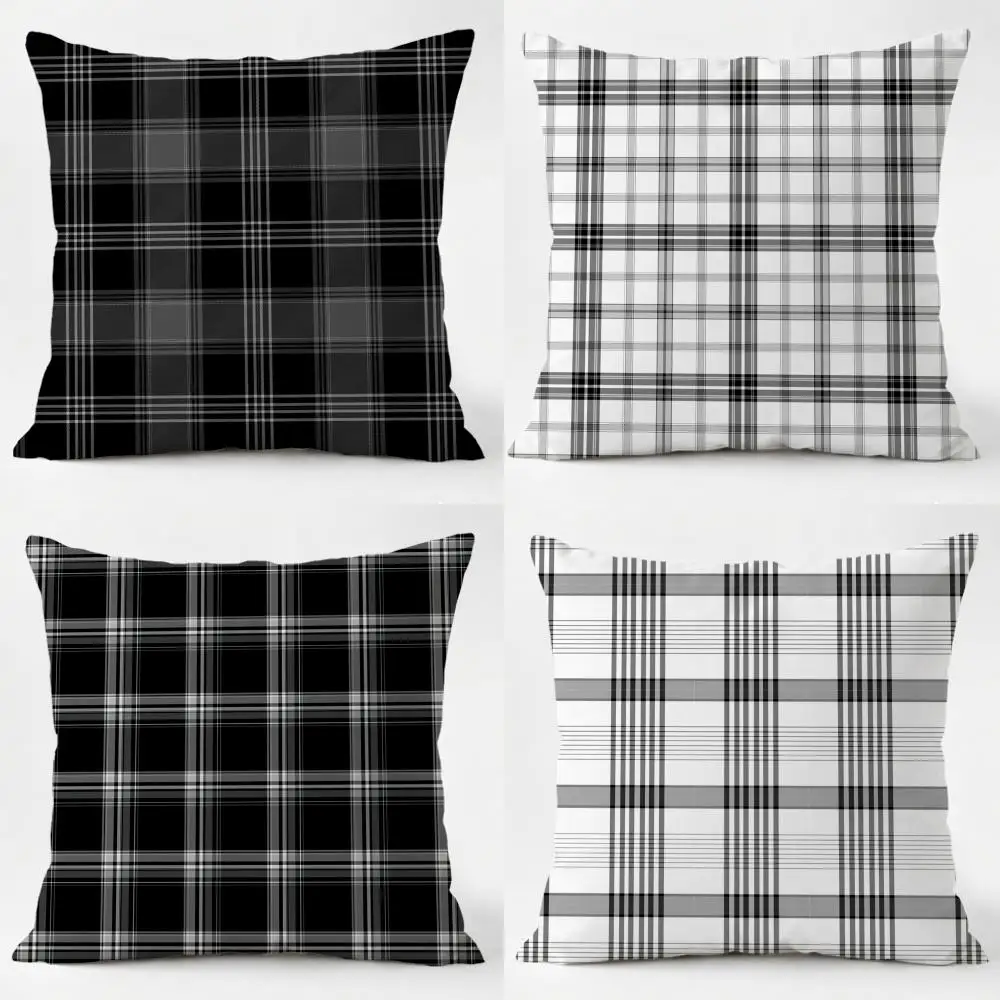 

Modern Black White And Gray Plaid Cushion Cover Daily Washable Linen Pillowcase Soft for Sofa Bed Home Room Decor
