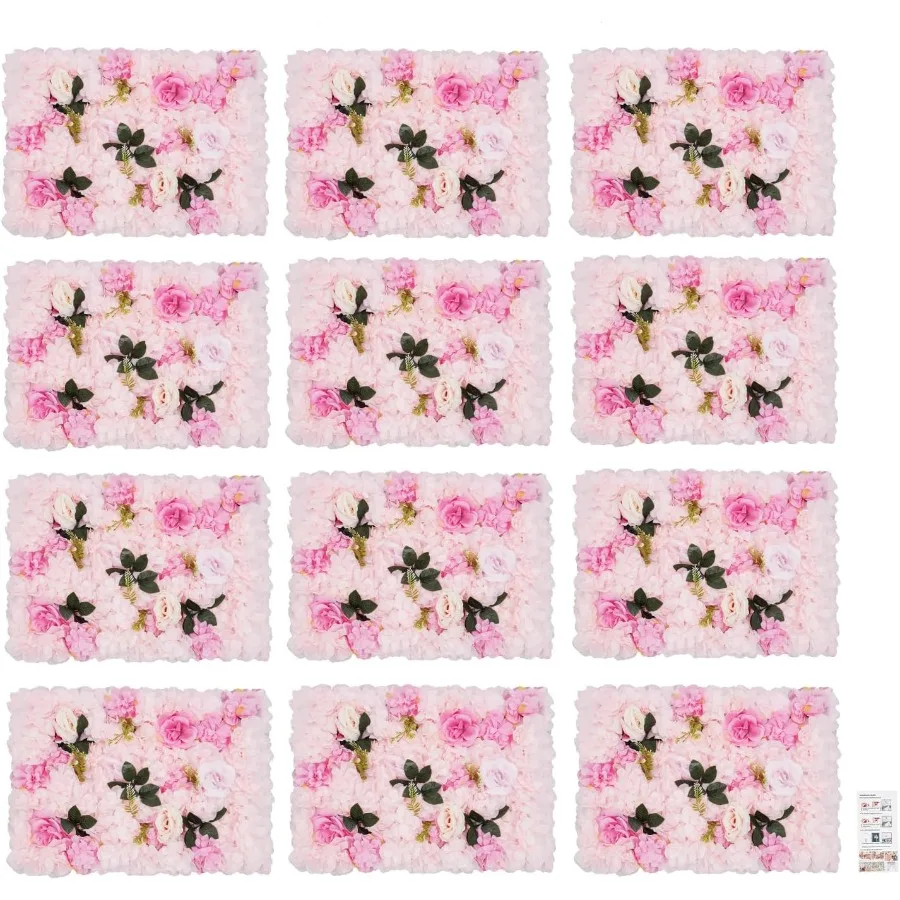 

12 Pack Artificial Flower Wall Panels 24 x 16 Faux Hydrangea Rose Flower Wall Backdrop for Indoor Outdoor Wedding Party Event D