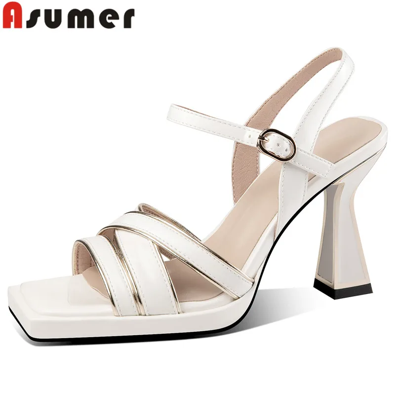 

ASUMER 2024 New Buckle Genuine Leather Platform Sandals Thick High Heels Slingbacks Sandals Woman Ladies Dress Summer Shoes