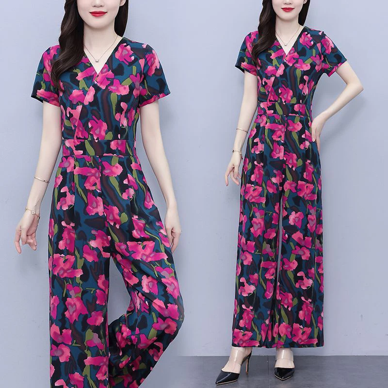 Faionable Floral Print Breite Bein Overall Set frauen Sommer Dünne Sle Abnehmen Hosenanzug Hohe Taille Koreanische Sle