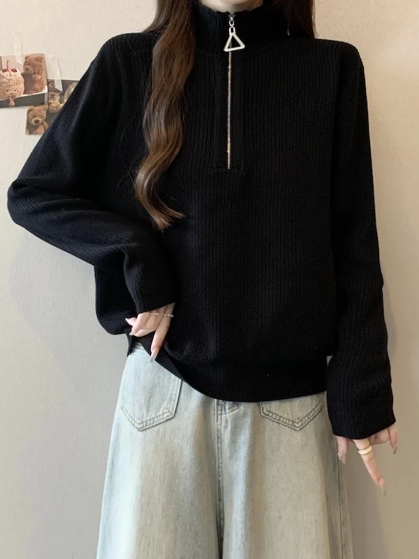 

plus Size Women's Knitted Sweater Stand Collar Half Zip Loose Fitting Base Layer Shirt Inner Wear Top Korean Style Autumn Winter