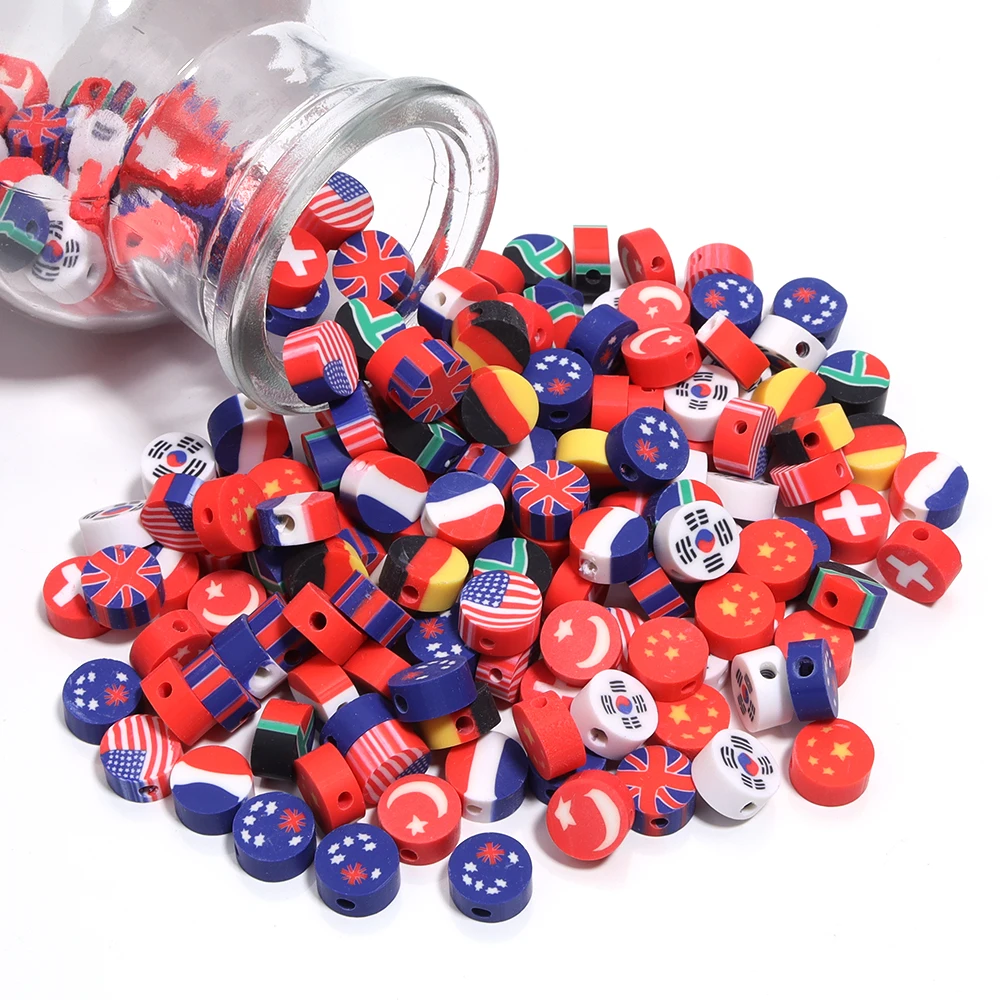 50pcs Polymer Clay Beads Color Flat Round National Flags Loose Bead for DIY Handmade Bracelets Necklace Accessories Wholesale