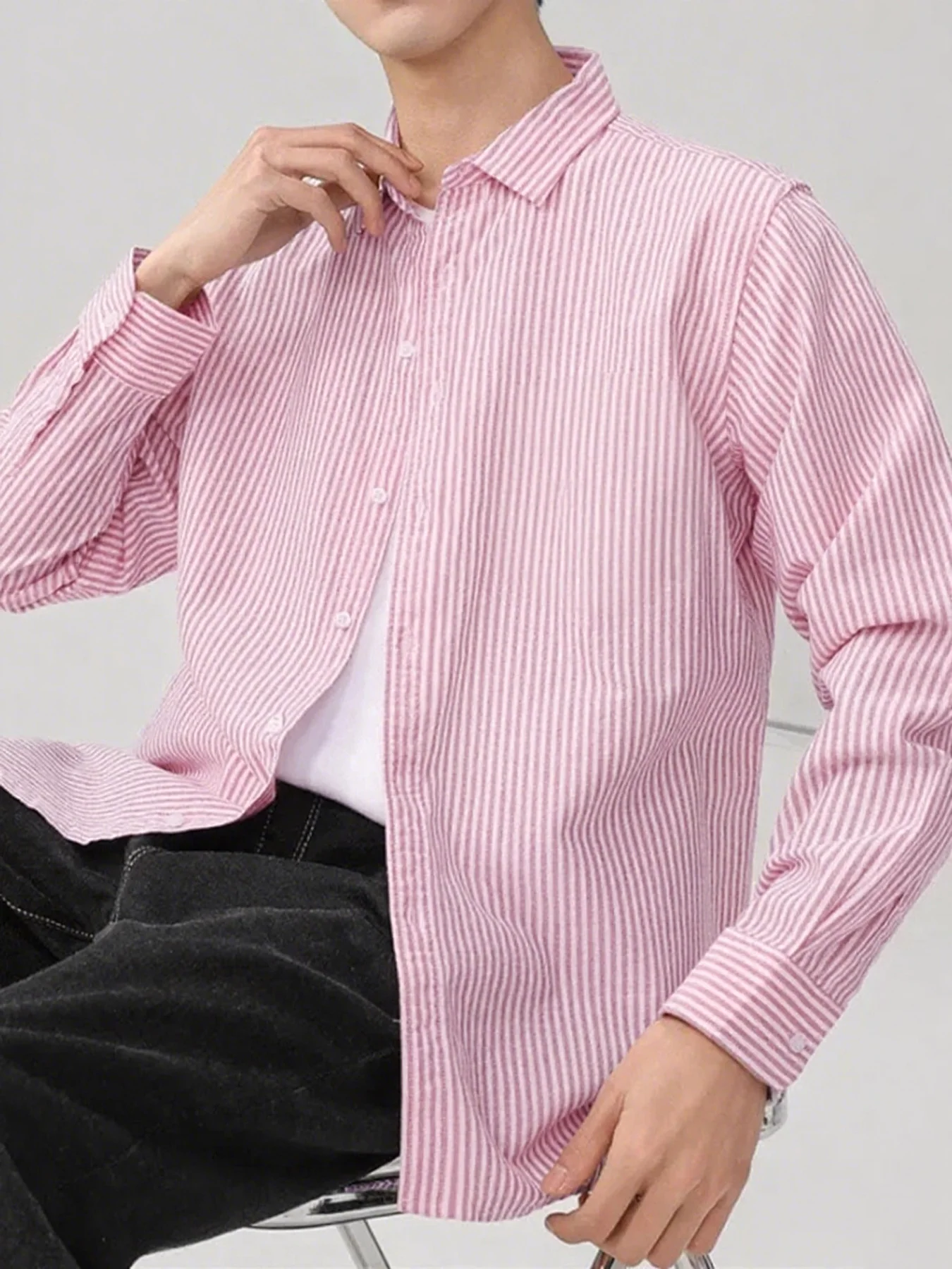 Camicia da uomo con colletto a righe vintage in stile americano, camicia esterna semplice a maniche lunghe, fresca e casual di fascia alta