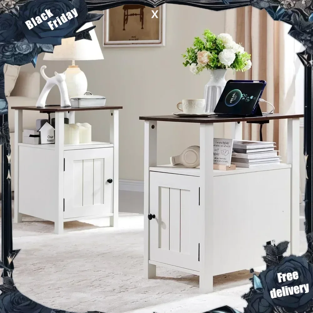 

Nightstand Set of 2, End Table with Charging Station, Rustic Side Table w/Barn Door & Open Shelves, Bedside Table w