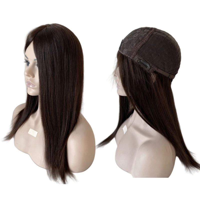 

20-дюймовые монгольские девственные человеческие волосы темно-коричневого цвета 2 # Кошерные парики Шелковистый прямой еврейский парик с шелковым верхом 4x4 для евреев