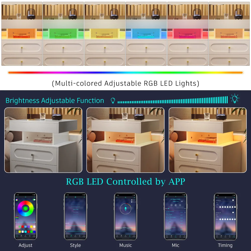 PINGGO LED-Nachttisch, 2 Stück, mit 2 Schubladen, 1 offener Stauraum, weißer Nachttisch, Größe 100 x 40 x 60 cm, Schlafzimmermöbel – Detail 4