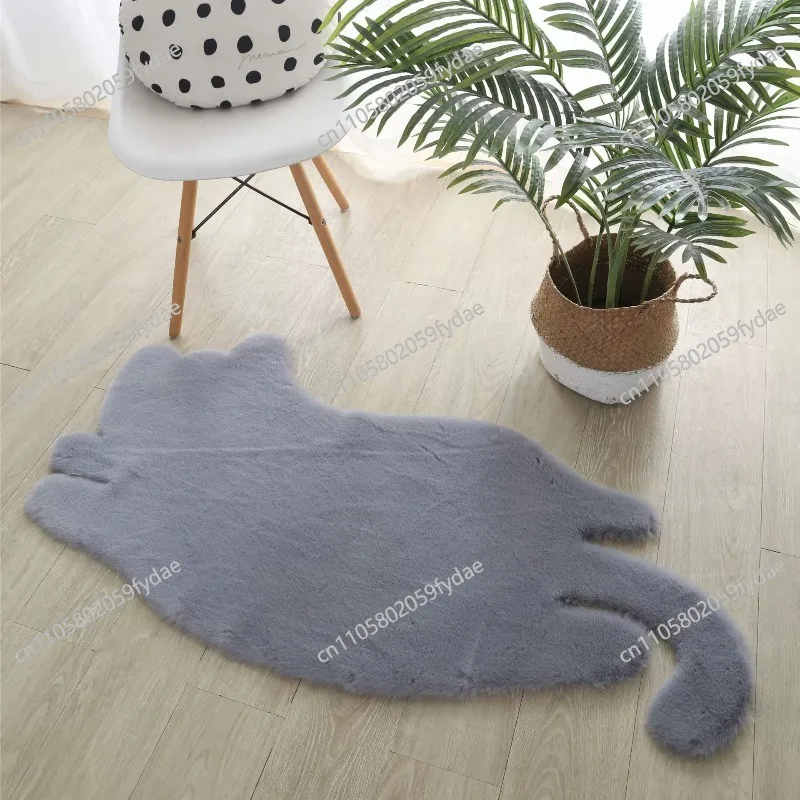 Cute Cartoon Cat Bedroom Rug with Bay Window Design, Faux Rabbit Fur Floor Mat