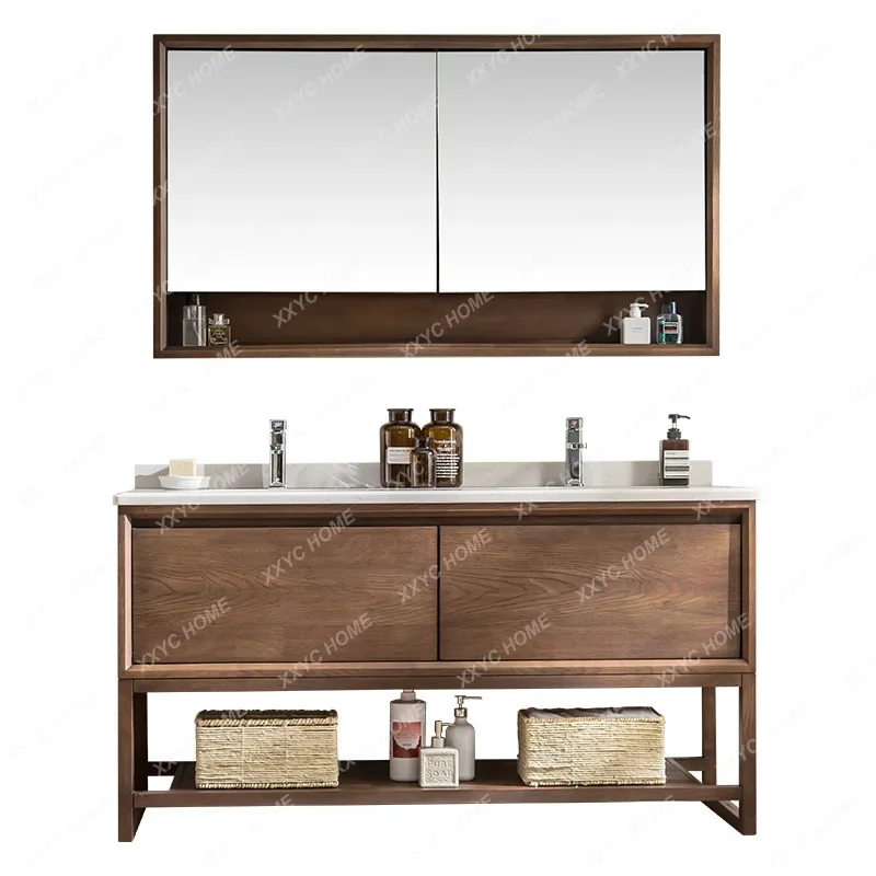 

Bathroom Cabinet Solid Wood Washbasin Red Oak Floor Bathroom Cabinet Marble Wash Basin Cabinet