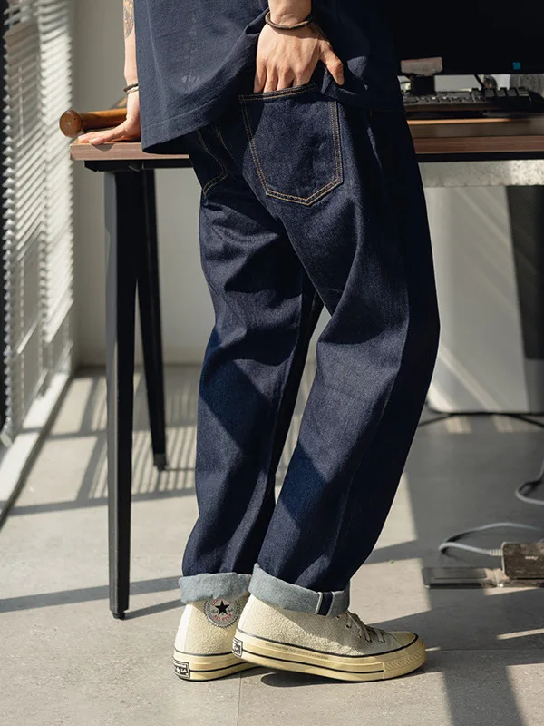 

Men's Workwear Selvedge Denim Jeans Deep Crotch Wideleg Loose Fit Casual Trousers Metal Decor Middle Waist Straight Tube