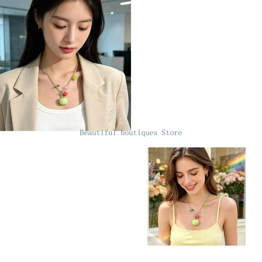 U4LF Colorful Pendant Necklace with Green Fruit Detail for Women and Teen Girls, Lightweight Fashion Accessory for Casual