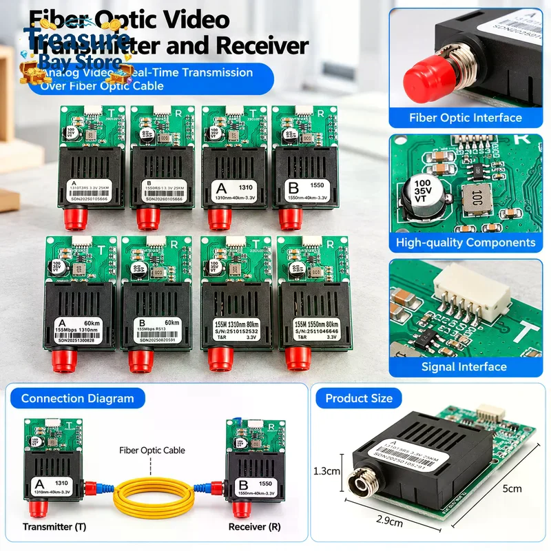 TTL Optical Transceiver Module DC 5.5-26V FC Interface For Drones Terminal Equipment RX/TX/AV/VCC/GND 20KM/40KM/60KM