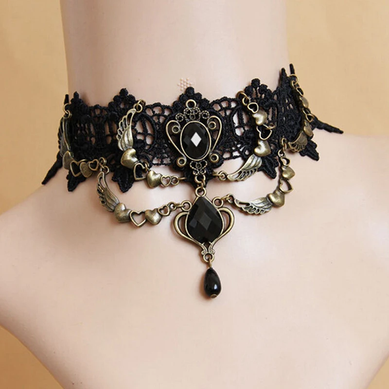 Gotyckie wiktoriańskie czarny koronkowy naszyjnik damskie dziewczęce kryształ Boho frędzle seksowne koronkowe Choker Steampunk ciemne biżuteria halloweenowa w stylu Loli