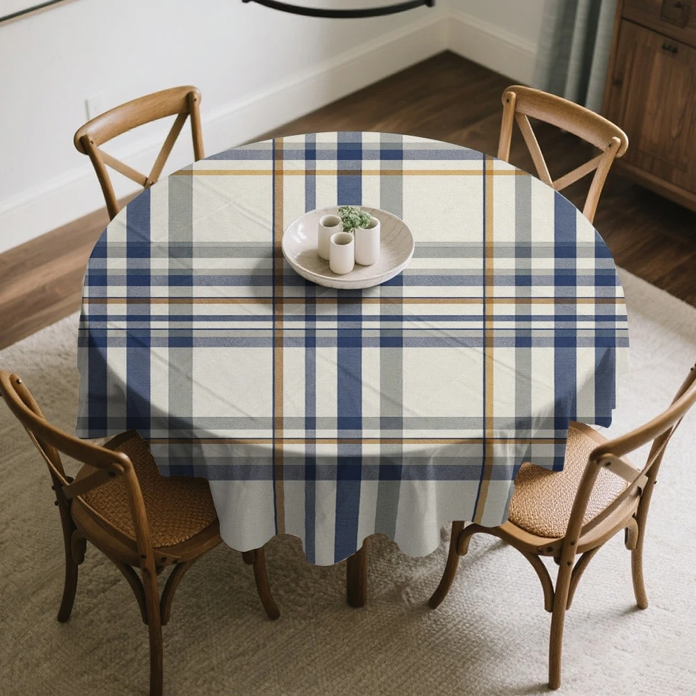 One large round tablecloth, suitable for round dining tables - elegant blue and beige checkered design tableclothzyc